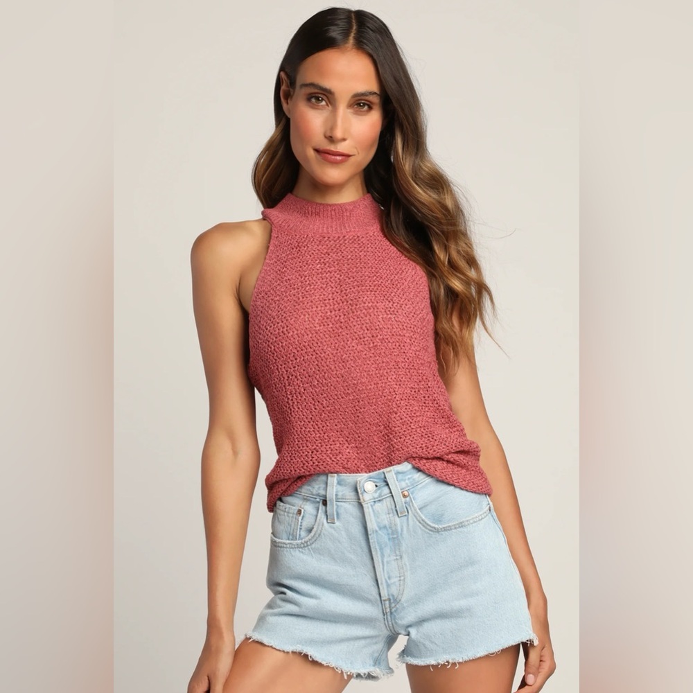 Loving Arms Rose Pink Loose Knit Sleeveless Mock Neck Top size S